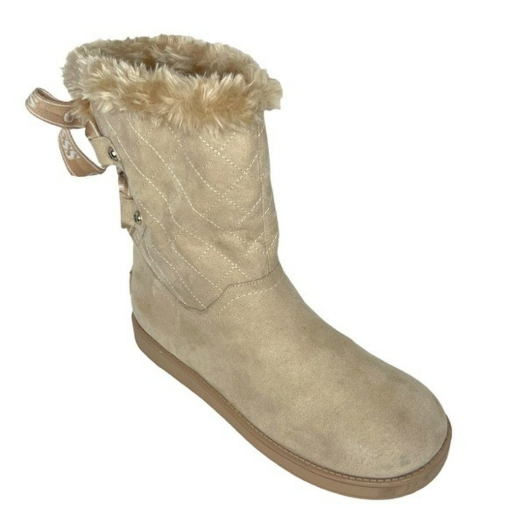 Guess Allyse Sand Logo Bow Suede Faux Fur Mid Calf Winter Boots Size 9M - Picture 2 of 16